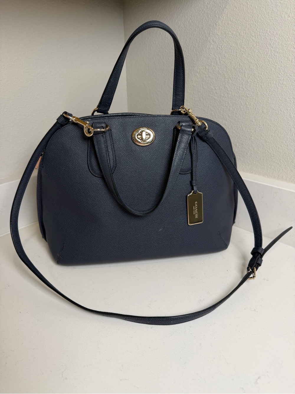 Coach Navy Leather Dome Satchel with Gold Hardware and Strap
